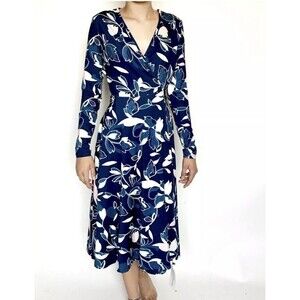 Yumi Kim Dress Womens Medium Navy Blue Floral Around Town Midi Wrap Long Sleeve